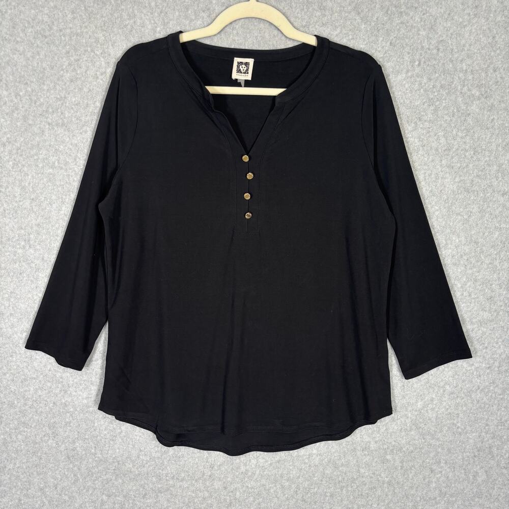 Anne Klein Blouse Womens‎ Large Black Knit Travel Henley Tunic Gold Buttons